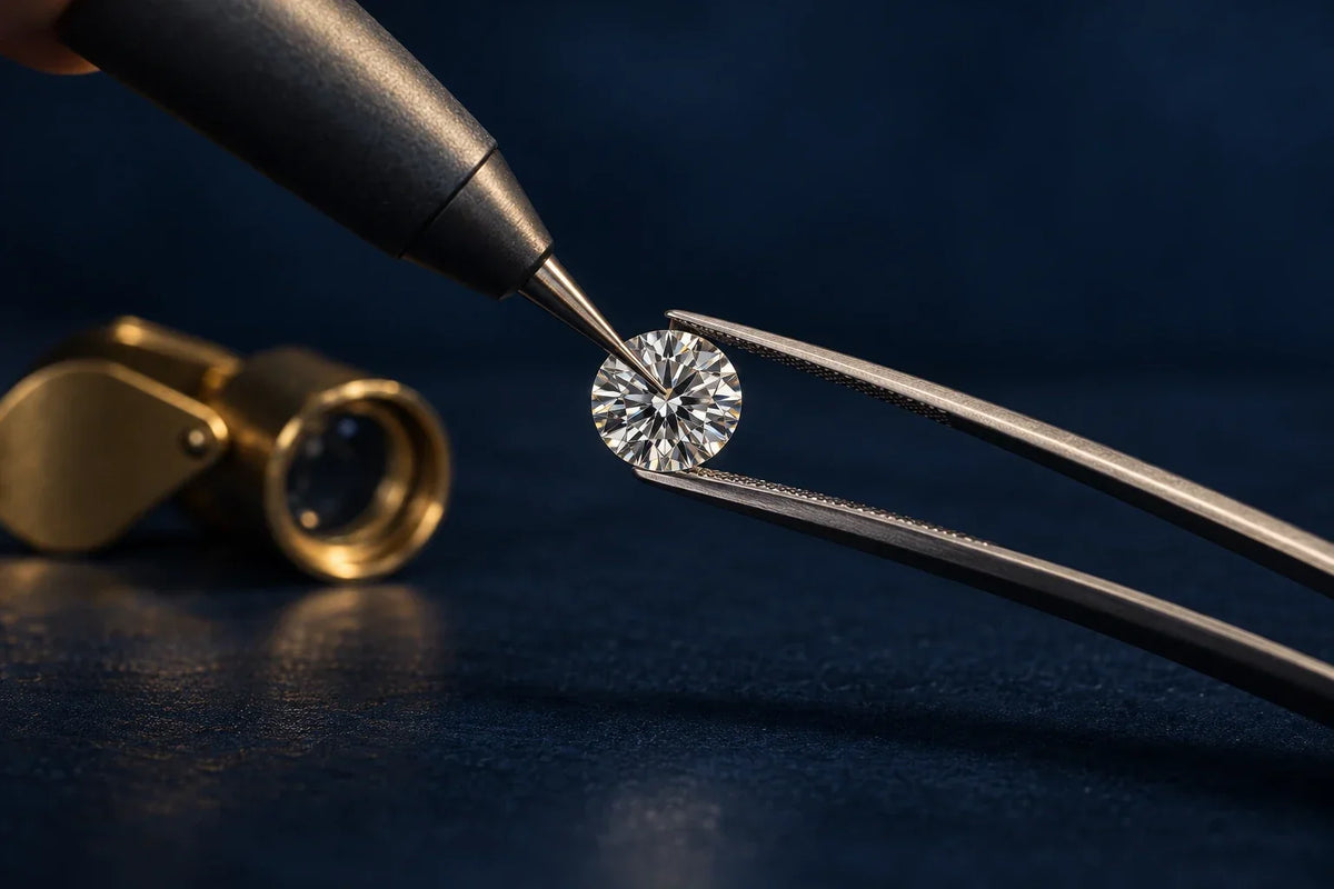 A diamond tester probe touching a round lab grown diamond held in steel tweezers, with a brass loupe behind