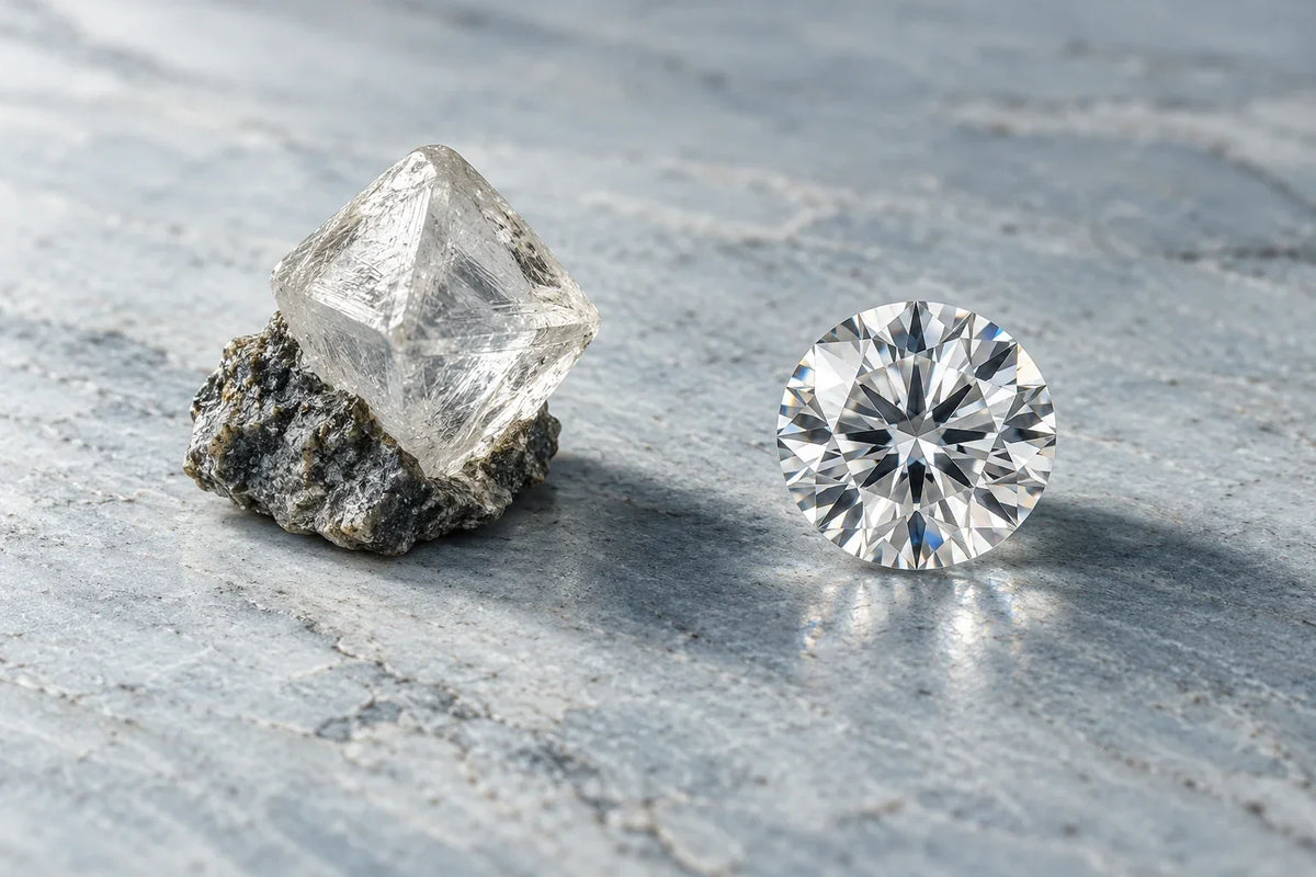 A natural rough diamond crystal beside a polished round lab grown diamond on pale grey stone