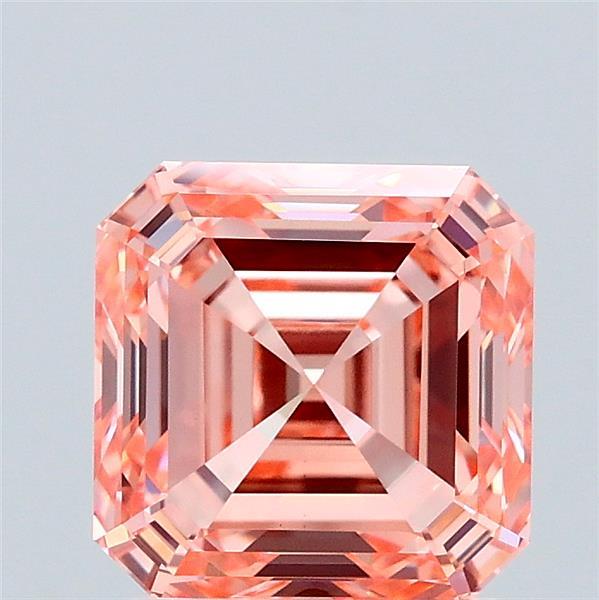 2.10 Carat Asscher Lab Grown Diamond, Fancy Intense Orangy Pink Color, VVS2 Clarity
