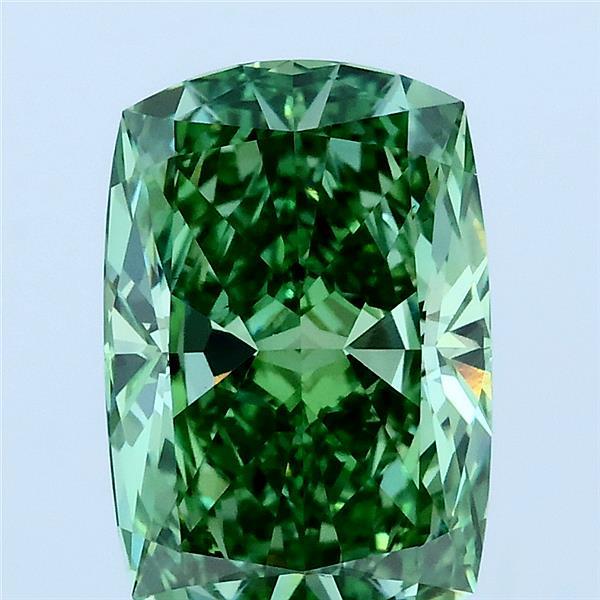 3.02 Carat Cushion Lab Grown Diamond, Fancy Vivid Green Color, VS1 Clarity