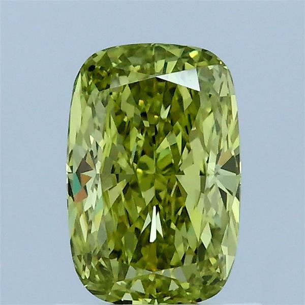 1.02 Carat Cushion Lab Grown Diamond, Fancy Intense Greenish Yellow Color, VVS2 Clarity