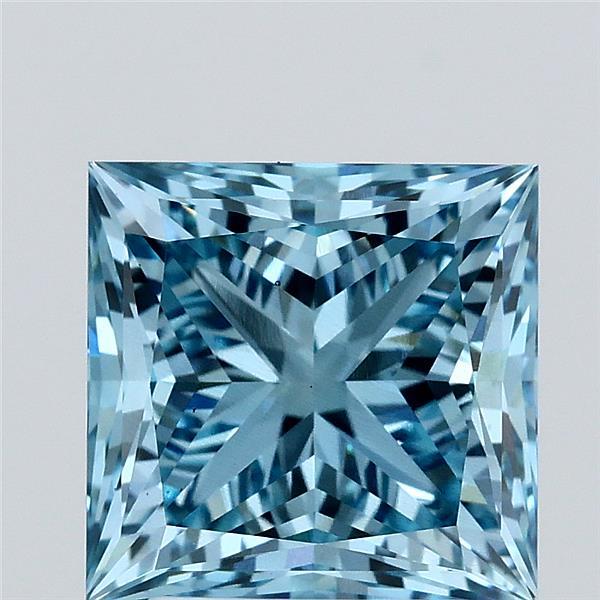3.40 Carat Princess Lab Grown Diamond, Fancy Vivid Blue Color, VS2 Clarity