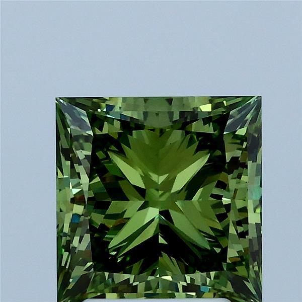 2.50 Carat Princess Lab Grown Diamond, Fancy Vivid Green Color, VS1 Clarity