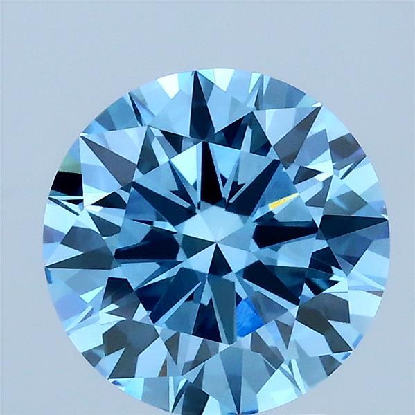 2.02 Carat Round Lab Grown Diamond, Ideal Cut, Fancy Vivid Blue Color, VVS2 Clarity