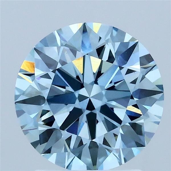 2.05 Carat Round Lab Grown Diamond, Ideal Cut, Fancy Vivid Blue Color, VVS2 Clarity