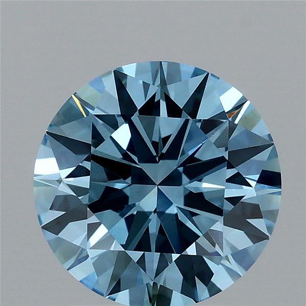 2.05 Carat Round Lab Grown Diamond, Excellent Cut, Fancy Vivid Blue Color, VS1 Clarity