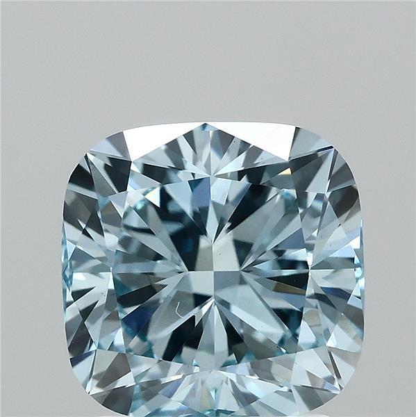 2.05 Carat Square Cushion Lab Grown Diamond, Fancy Vivid Blue Color, VVS2 Clarity