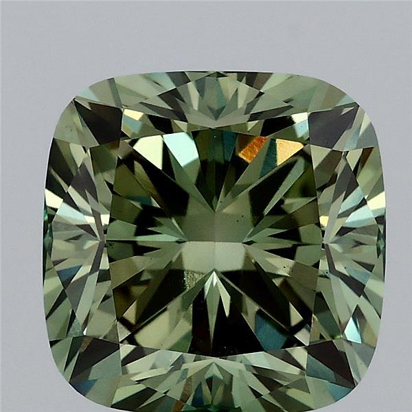 3.68 Carat Square Cushion Lab Grown Diamond, Fancy Vivid Green Color, VS1 Clarity
