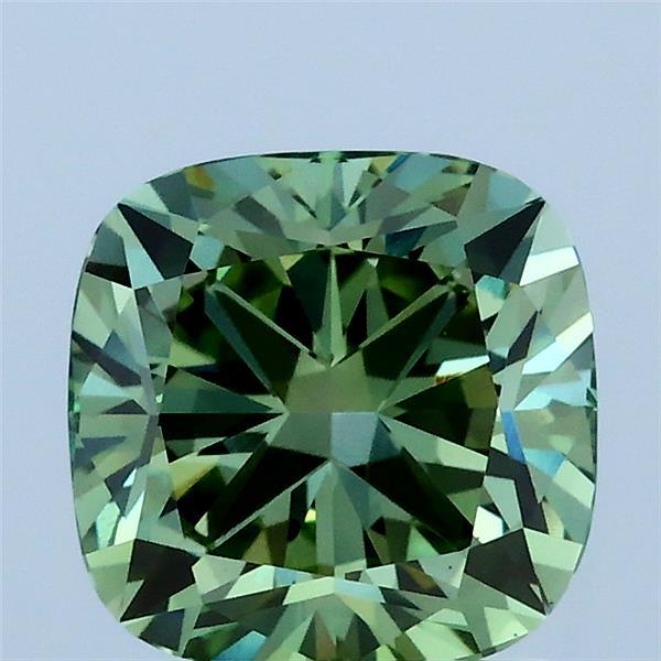 2.03 Carat Square Cushion Lab Grown Diamond, Fancy Vivid Green Color, VS1 Clarity