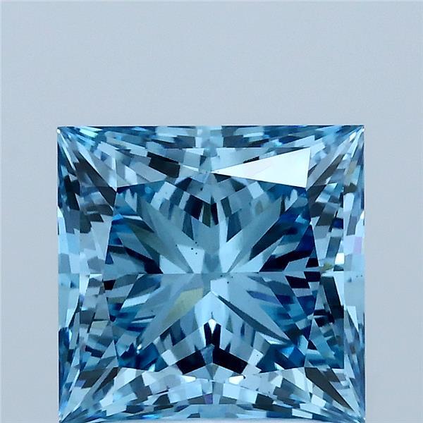 3.02 Carat Princess Lab Grown Diamond, Fancy Vivid Blue Color, VS1 Clarity