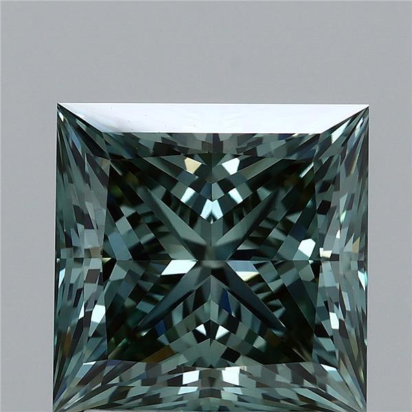 2.55 Carat Princess Lab Grown Diamond, Fancy Vivid Green Color, VVS2 Clarity