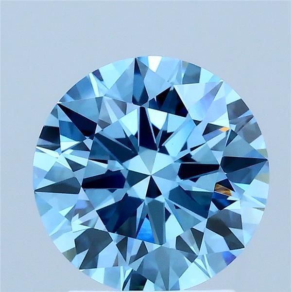 2.09 Carat Round Lab Grown Diamond, Ideal Cut, Fancy Vivid Blue Color, VVS2 Clarity