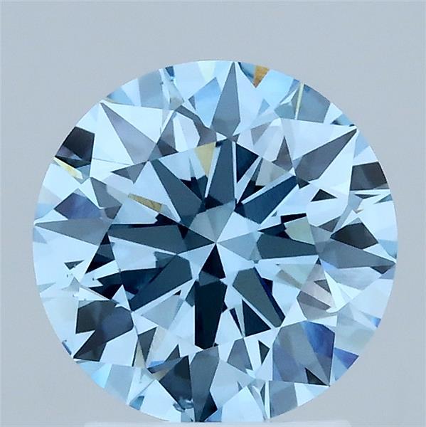 2.03 Carat Round Lab Grown Diamond, Ideal Cut, Fancy Vivid Blue Color, VS2 Clarity