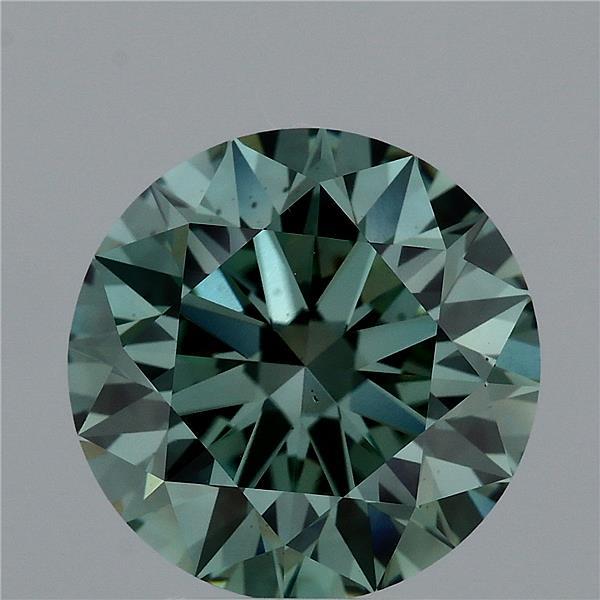 4.14 Carat Round Lab Grown Diamond, Excellent Cut, Fancy Vivid Bluish Green Color, VS2 Clarity