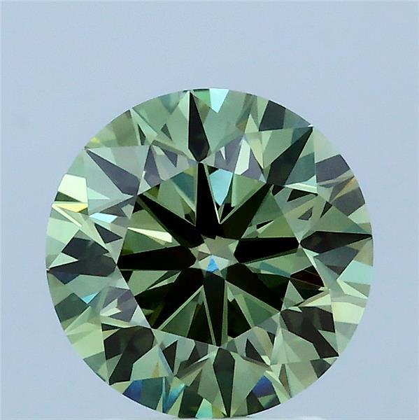 2.00 Carat Round Lab Grown Diamond, Ideal Cut, Fancy Vivid Green Color, VVS2 Clarity