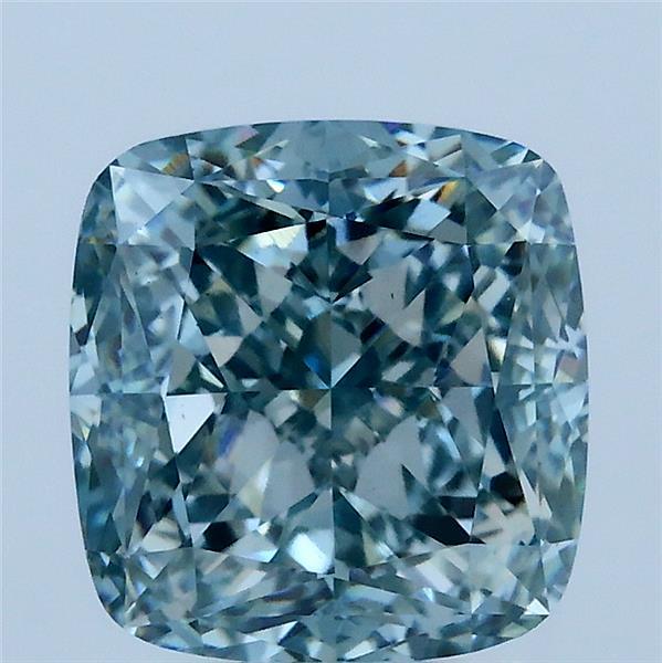 3.64 Carat Square Cushion Lab Grown Diamond, Fancy Intense Green Blue Color, VS1 Clarity