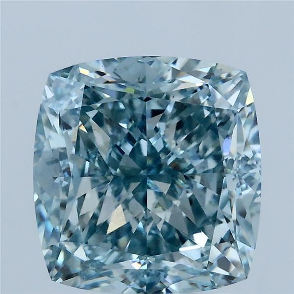 4.07 Carat Square Cushion Lab Grown Diamond, Fancy Intense Greenish Blue Color, VS1 Clarity