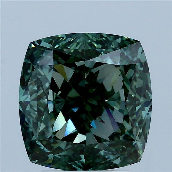 4.08 Carat Square Cushion Lab Grown Diamond, Fancy Vivid Green Color, VS2 Clarity