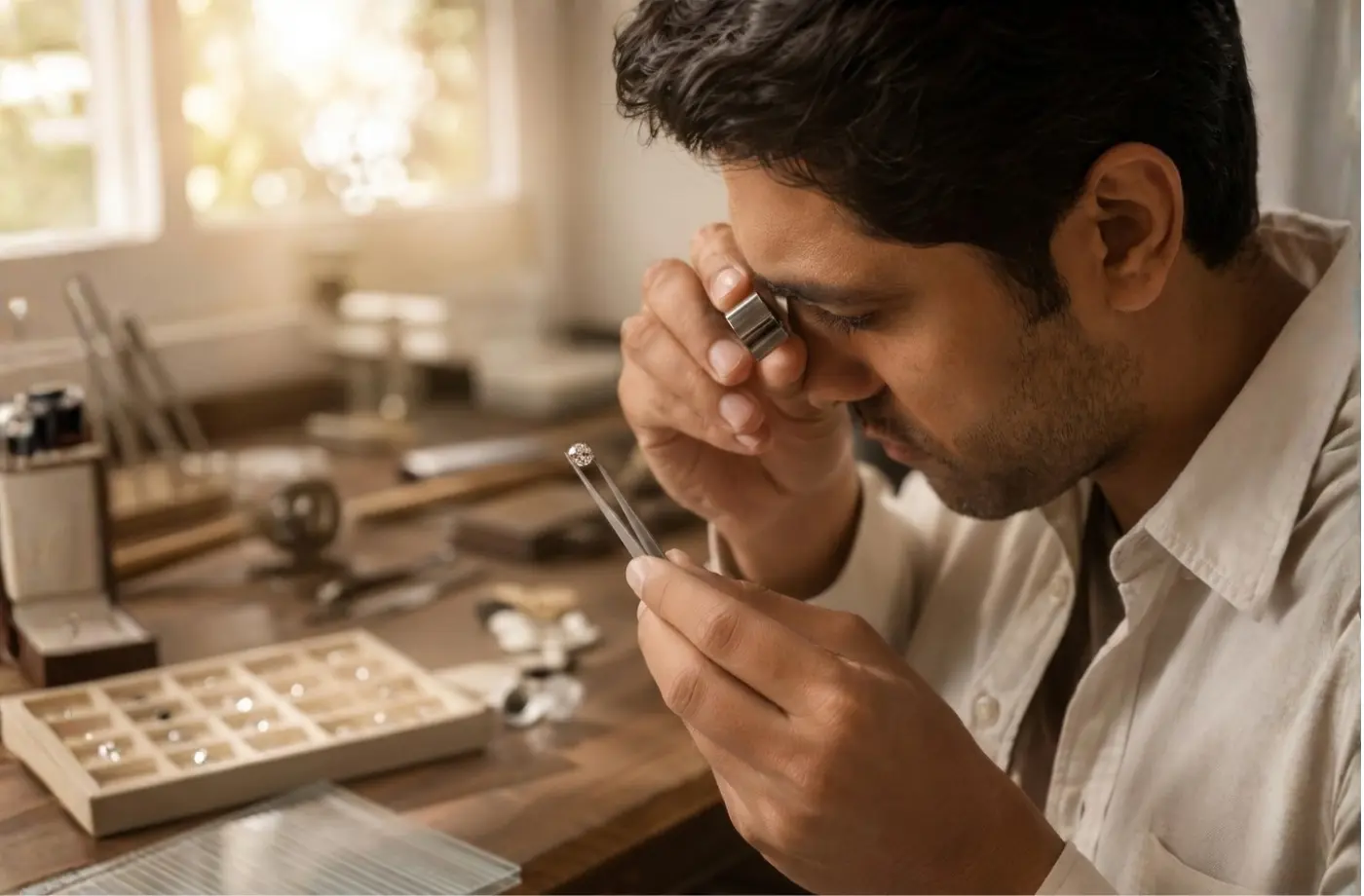 Gemologist inspecting a lab-grown diamond with a loupe