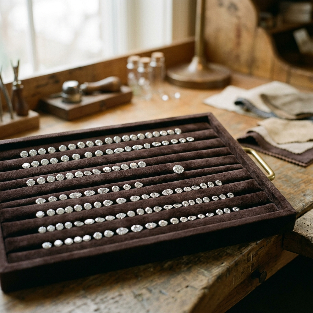 Loose diamonds sorted on a velvet gem tray