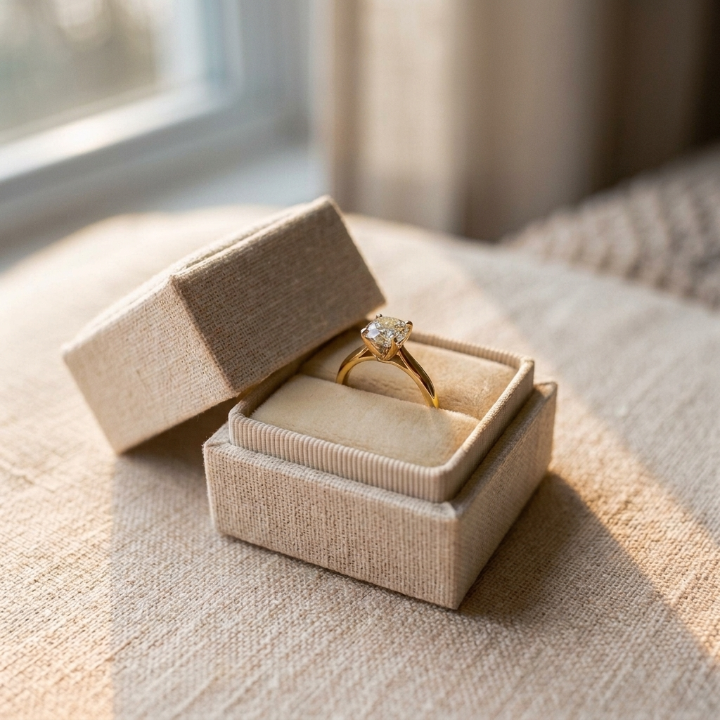 Gold diamond ring in an ivory ring box